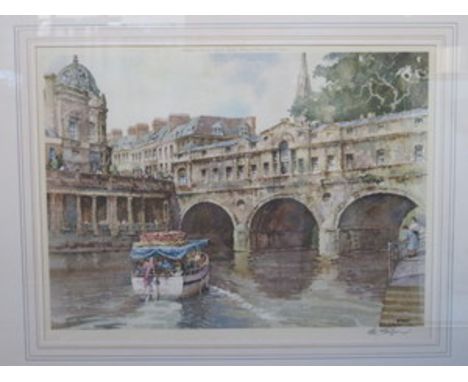 PENCIL SIGNED POLYCHROME PRINT BY E.R. STURGEON DEPICTING PULTENEY BRIDGE, BATH, APPROXIMATELY 33cm x 58cm 