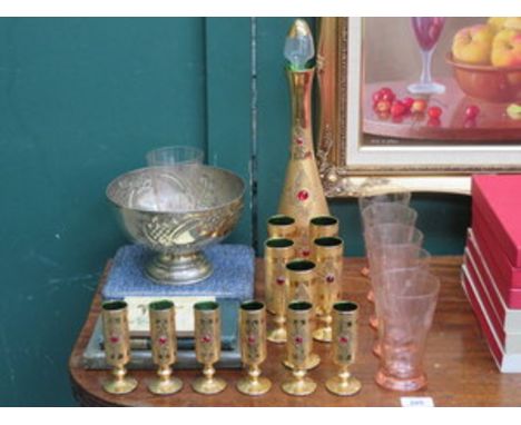 SUNDRY LOT INCLUDING GILDED PART DECANTER SET, PLATED BOWL, CASED FISH KNIVES AND FORKS, THREE VOLUMES, ETC. 
