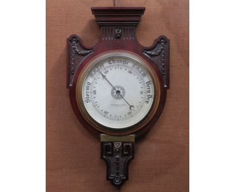 CARVED MAHOGANY CASED ANEROID BAROMETER BY FRASER FERGUSON & MACBEAN, INVERNESS, APPROXIMATELY 50cm HIGH 
