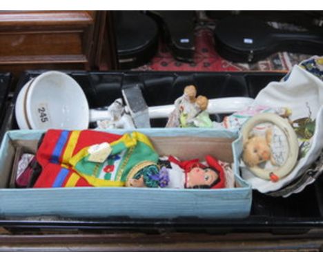 TRAY LOT OF SUNDRIES DOLL, HUMMEL PLAQUE, STAFFORDSHIRE ETC. 