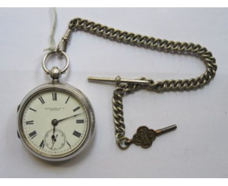 HALLMARK & CO SILVER POCKET WATCH WITH PLATED ALBERT CHAIN, CHESTER ASSAY 