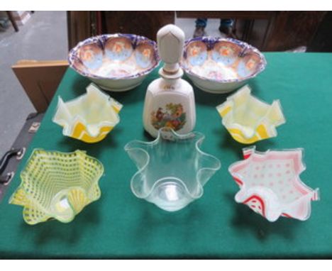 PAIR OF TRANSFER DECORATED BOWLS, CERAMIC DECANTER AND FIVE GLASS HANDKERCHIEF CASES 