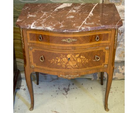 PETITE COMMODE, Louis XV style marquetry and gilt metal mounted with serpentine marble top above two drawers, 72cm H x 64cm W