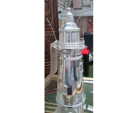 COCKTAIL SHAKER, light house form plated metal finish, 1930's style, 35cm H x 13cm diam.