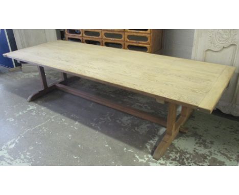 REFECTORY TABLE, vintage early 20th century Scotch pine, rectangular planked with stretchered end supports, 110cm D x 305cm W