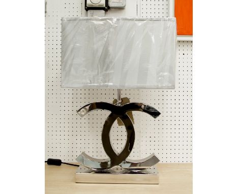 CO-CO TABLE LAMP, Chanel style, plated metal base, rectangular satin grey shade, complete electric, 60cm H, shade 40cm x 20cm