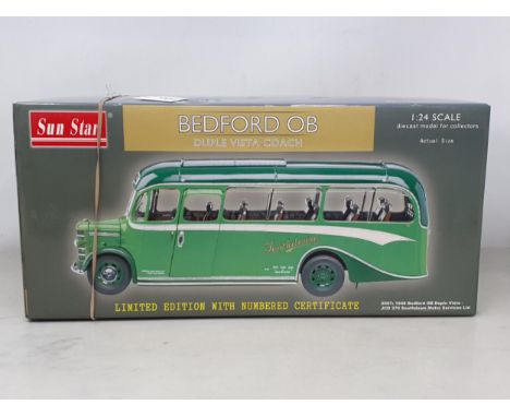 A boxed Sun Star 1:24 scale Bedford OB Duple Vista Coach, Southdown Motor Services Ltd., appears unused from new
