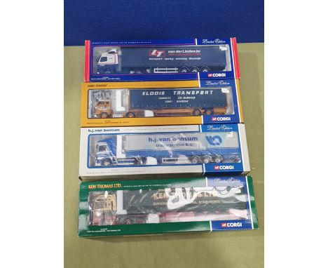 Four boxed Corgi Limited Edition 1:50 scale Lorries including CC12407 Volvo Curtainside Van Der Linden, CC12910 Scania Toplin