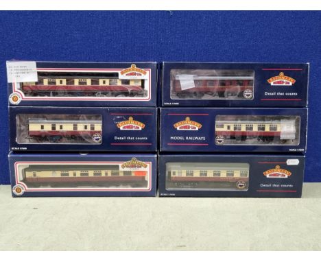 Six boxed Bachmann 00 gauge BR Coaches including maroon Mk.1 Open, Mk.1 Restaurant Miniature Buffet, Full Brake, Thompson 2nd