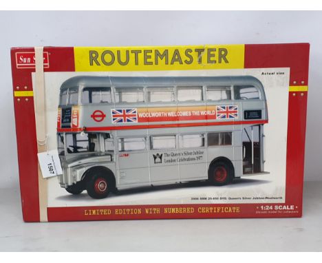A boxed Sun Star 1:24 scale Routemaster 25-850 DYE Queen's Silver Jubilee, Woolworth, limited edition, appears unused from ne