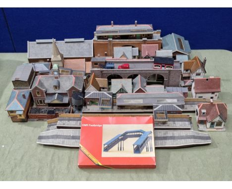 Two boxes of Metcalfe 00 gauge construction Buildings including Church, two Engine Sheds, Viaduct, two Signal Boxes, Water To