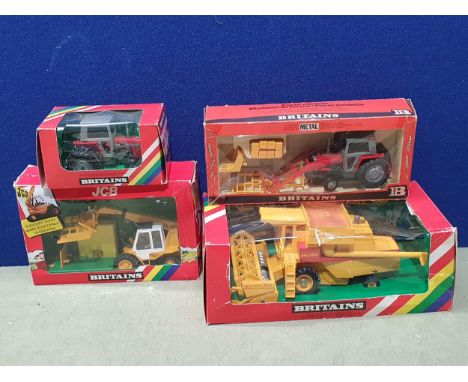 Four boxed Britains Farm Models including 9529 Massey-Ferguson Tractor, 9595 Massey-Ferguson with Bale Grab and Scoop, 9519 J