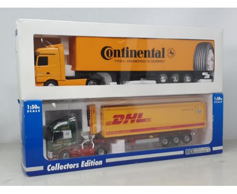 A boxed Universal Hobbies Collector's Edition Iveco Stralis DHL Container Lorry and a boxed Eligor Mercedes Actros Continenta