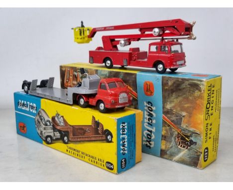 A boxed Corgi Toys No.1127 Simon Snorkel Fire Engine and a boxed No.1104 Carrimore Machinery Carrier, both G-VG, boxes G-VG