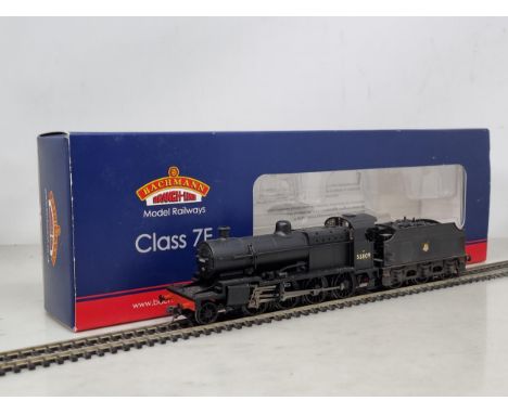 A boxed Bachmann 00 gauge Class 7F 2-8-0 Locomotive with weathering in BR late crest black livery, DCC 21 fitted, appears lig