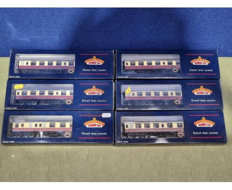 A rake of six boxed Bachmann 00 gauge BR Mk.1 Coaches including 3x Open, Corridor SK, Brake/Composite and Composite CK, gener