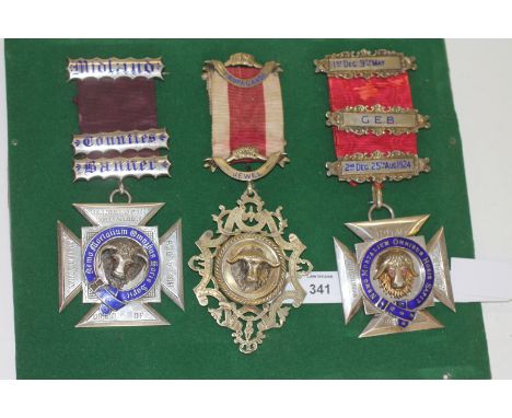 FRAMED RAOB MEDALS. The first a silver and enamel with jewel eyes Midlands County Banner on the bars. Buffalo head centre wit