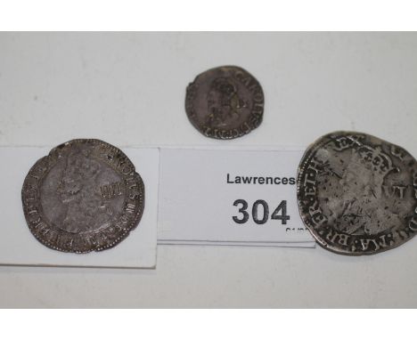 CHARLES 1 & 11 COINAGE. 1. A Tower Mint Charles 1 Sixpence group D with Tun mint mark 1636-38. 3 grams. 2. A Charles 1 Tower 