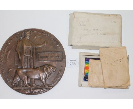 A GT WAR PAIR & PLAQUE R SCOTS-KOYLI. British War & Victory Medals named to 3600 Pte D Nichol R Scots in box of issue. A Memo