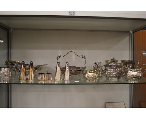 A bachelor's three piece plated tea service and other plated wares.