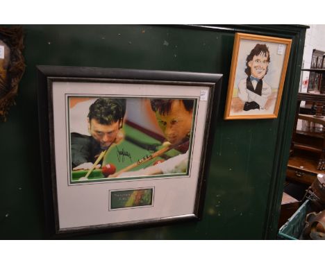 A signed photographic print of Alex Higgins and Jimmy White and another item.