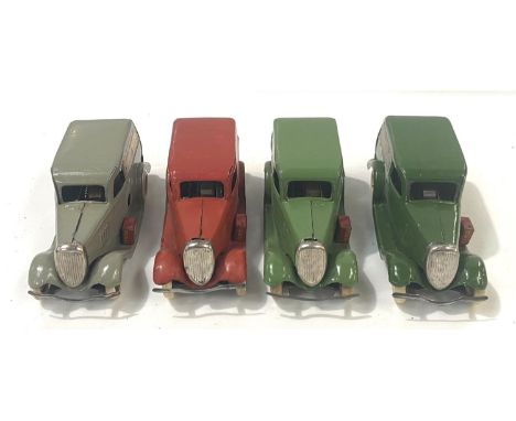 Tri-ang Minic toys: Four small scale tinplate delivery vans with petrol can pre war, Royal Mail van red, grey and two greens.