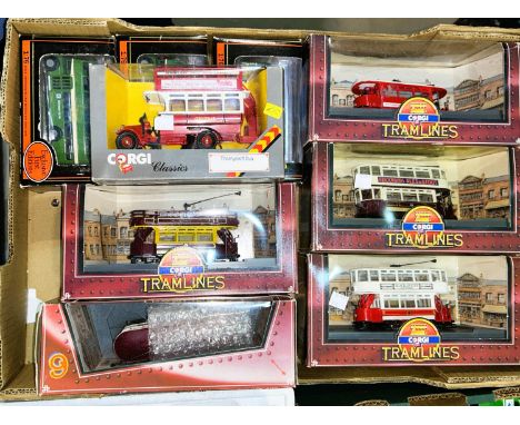 Five Corgi 'Tramlines' vintage trams in original boxes; 4 other vintage vehicles, boxed 