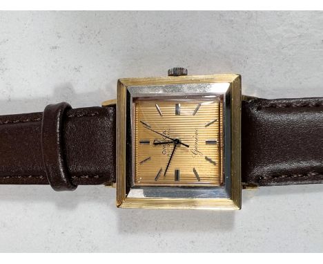 OMEGA: a c.1960 unusual Omega Geneve automatic wristwatch with square 18ct 2 tone gold case (marks to interior), gold stripe 