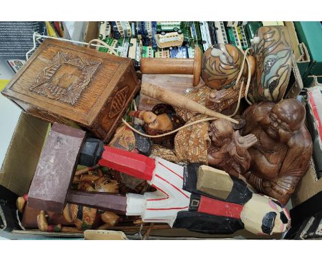 A collection of carved wooden items etc, early 20th century lamp etc 