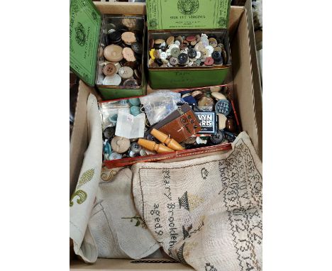 An unframed 1882 sampler, Mary Brockhurst aged 9, another embroidery, a collection of vintage buttons etc 