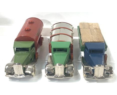 Tri-ang Minic toys: Three pre war tinplate clockwork vehicles petrol cans, Dustbin Van green and red, Petrol Wagon green and 
