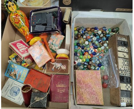 A collection of vintage marbles, playing cards etc 