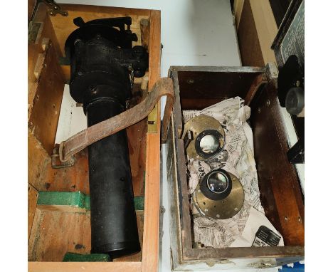 A WWII period Prismatic Monocular Gun Sighting Telescope Canadian Kodak 7x50 in box; a pair of Prismatic eye pieces 