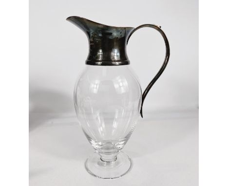 A SILVER-MOUNTED GLASS CLARET JUG, MAPPIN &amp; WEBB with bulbous Dartinton glass body, hall marked with presentation engravi