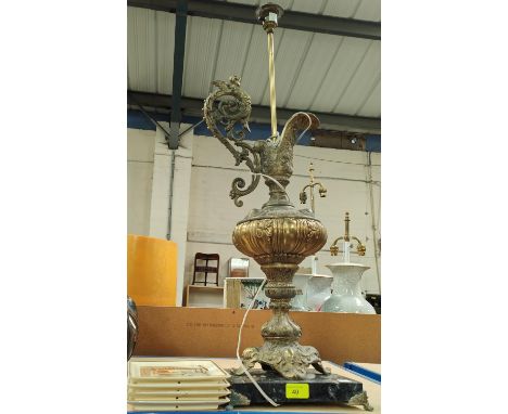 An ornate "Chelini" style ewer table lamp on marble base and 4 ceramic Dickens plaques 