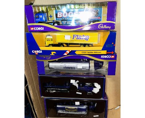 Two Corgi "Cadbury's" articulated lorries, 1:50 scale; 3 similar vehicles, all in original boxes 