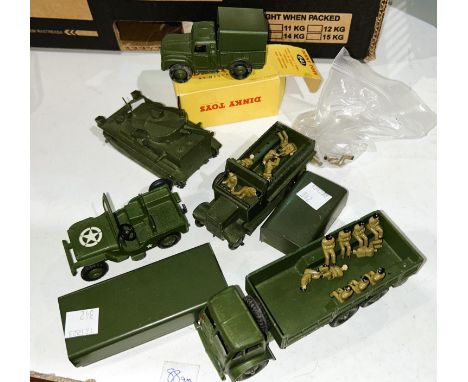 DINKY TOYS: Five military Dinky vehicles, Jeep, 151a Medium tank, 151b 6 wheel wagon (with soldiers), 641 One Ton Cargo Truck