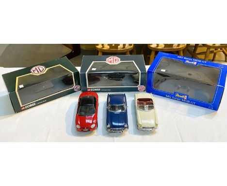 Three 1:18 scale MG series cars, 2 x Corgi MGF &amp; MG Roadster &amp; a Rekell MG Series MGB GT, with associated boxes. 