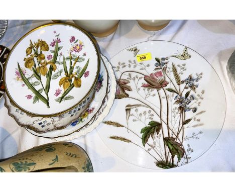 A large circular ceramic wall plaque decorated with Poppies; a pair of pierced floral wall plaques; a Dresden style dish etc 