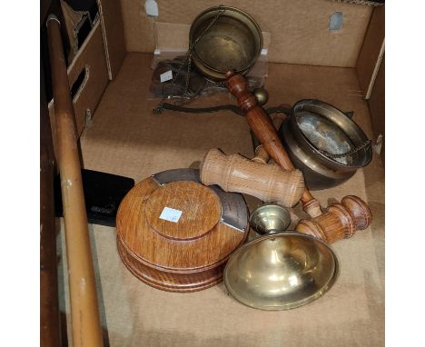 A reproduction brass balance scale; a boxed "Ronson" cigarette lighter and a selection of pre decimal coinage; a walking stic