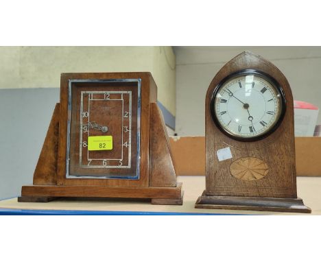 A Sheraton style inlaid mahogany lancet top mantel clock; an Art Deco walnut mantel clock 