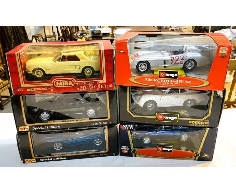 Six large scale boxed models of cars, 3 Burago, 'Alpine', 'Porsche 356B Coupe' and Mercedes-Benz, Two Maisto Special Editions