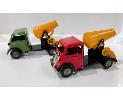 Tri-ang Minic: two tin plate clockwork No 1 concrete mixers, one red one with a green cab, push pull friction movement, one m