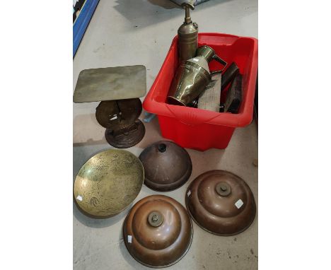 A Salter "Postal Balance"; 3 cribbage boards; 3 copper hot water bottles; etc. 