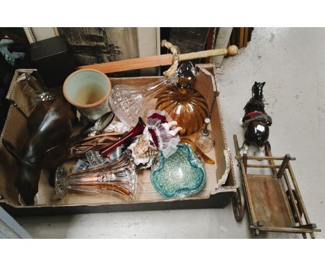 A Melba Horse and Cart, Murano style dish, a wooden Elephant, decanters, small porcelain dolls etc