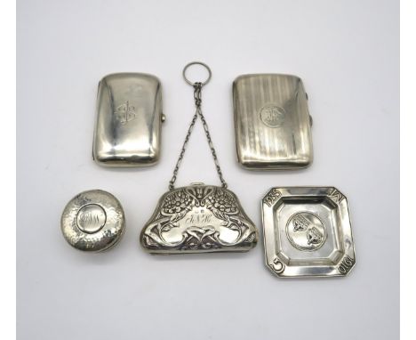 A collection of silver including an Art Nouveau silver coin purse, one side with relief moulded stylised foliage, with monogr