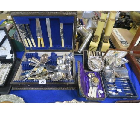 A collection of EPNS including a cased set of assorted cutlery, EPNS fruit knives, tea spoons and sugar tongs, an EPNS sugar 