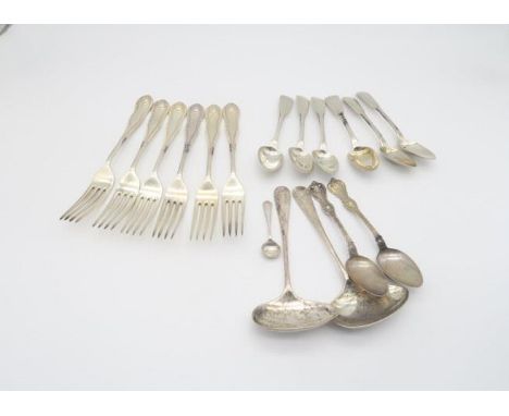 A collection of silver flatware including a set of six William IV Irish silver tea spoons, in the fiddle pattern, with marks 