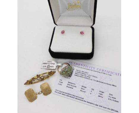 A 9ct gold mint kyanite and diamond ring with Gemporia certificate, A 9ct gold anchor brooch, a single cufflink and a pair of