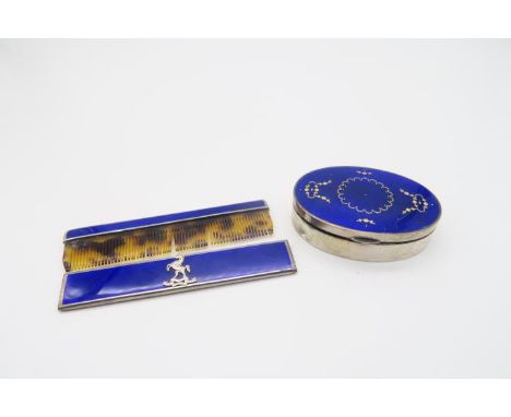 A stamped sterling blue guilloche enamel trinket box, of oval form, with gilt wirework inlay, and a silver and blue guilloche